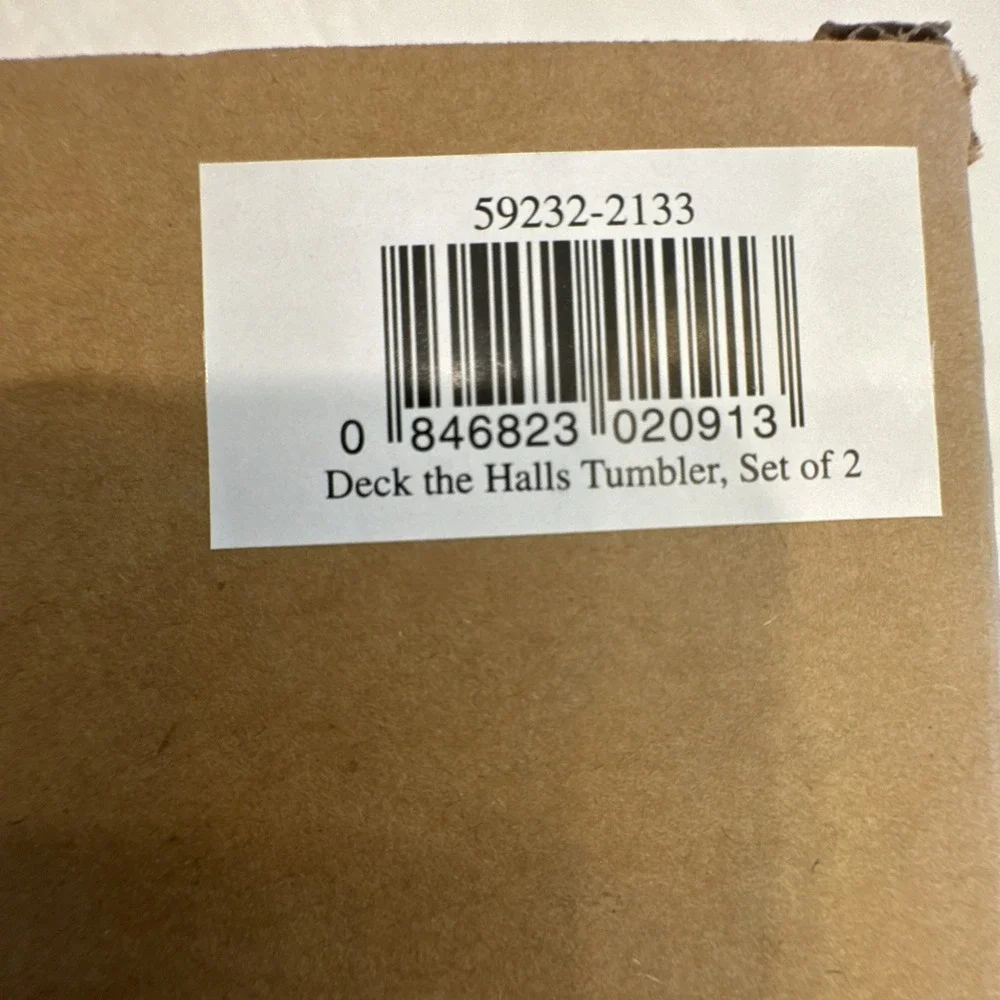 MacKenzie-Childs Deck the Halls Tumblers Set 2 Gold Rim Glass 8oz NEW